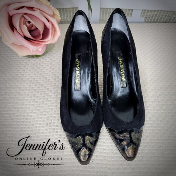 Jasmin Vintage Women's Black Suede and Snakeskin Heels Size 6B - Picture 4 of 13